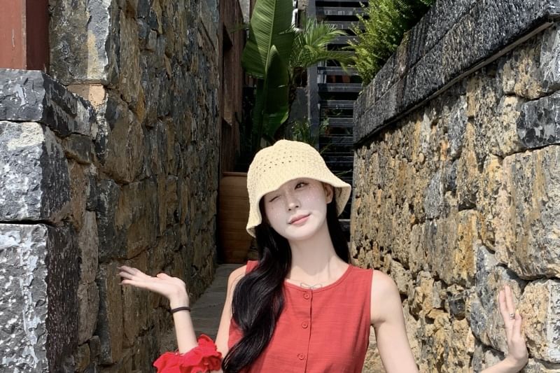 Round Button Neck Mini Sleeveless A-Line Dress Plain