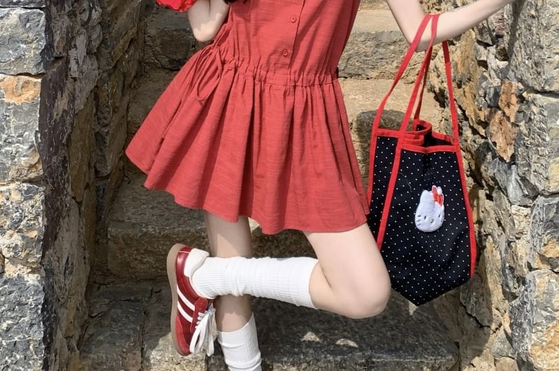 Round Button Neck Mini Sleeveless A-Line Dress Plain