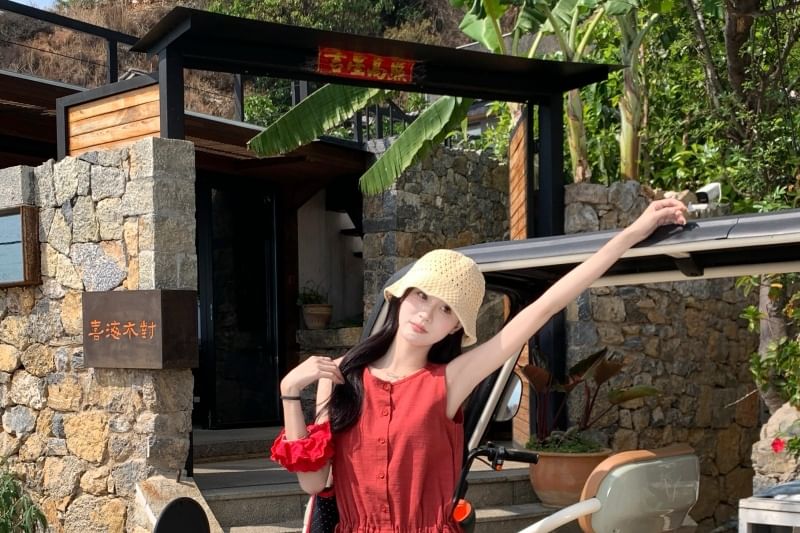 Round Button Neck Mini Sleeveless A-Line Dress Plain