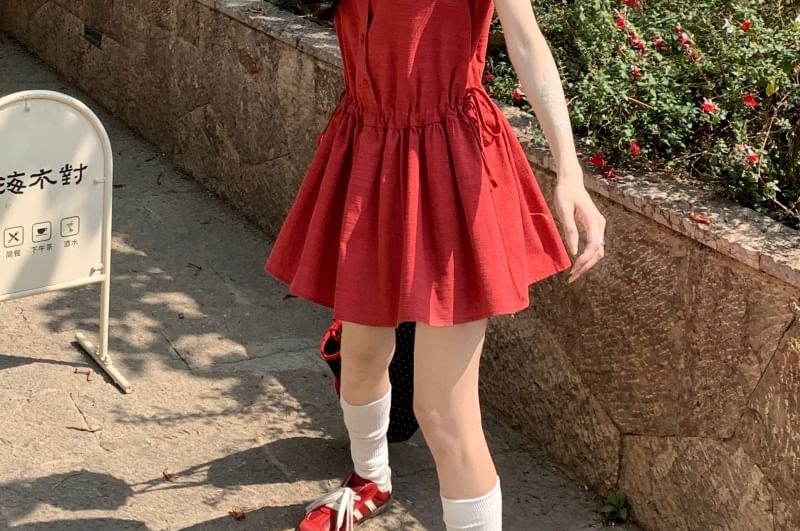 Round Button Neck Mini Sleeveless A-Line Dress Plain