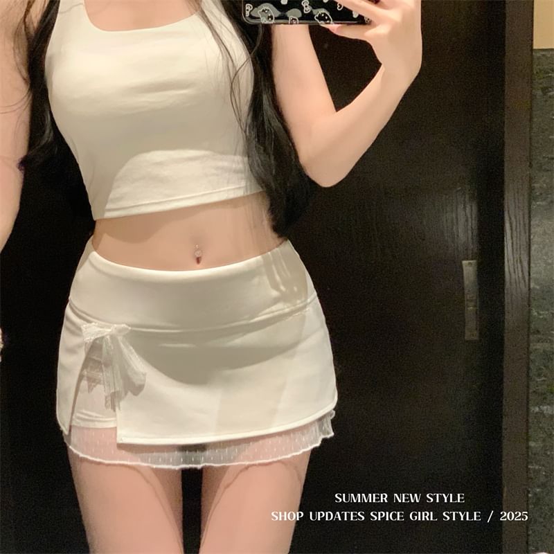 Lace Skirt Bow Panel Mini Waist Mid Pencil