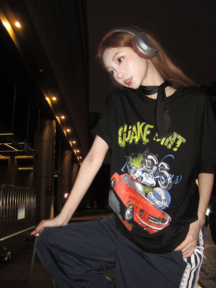 Mini Round / Neck Spaghetti Short-Sleeve Dress Bodycon Graphic Strap Print Tee