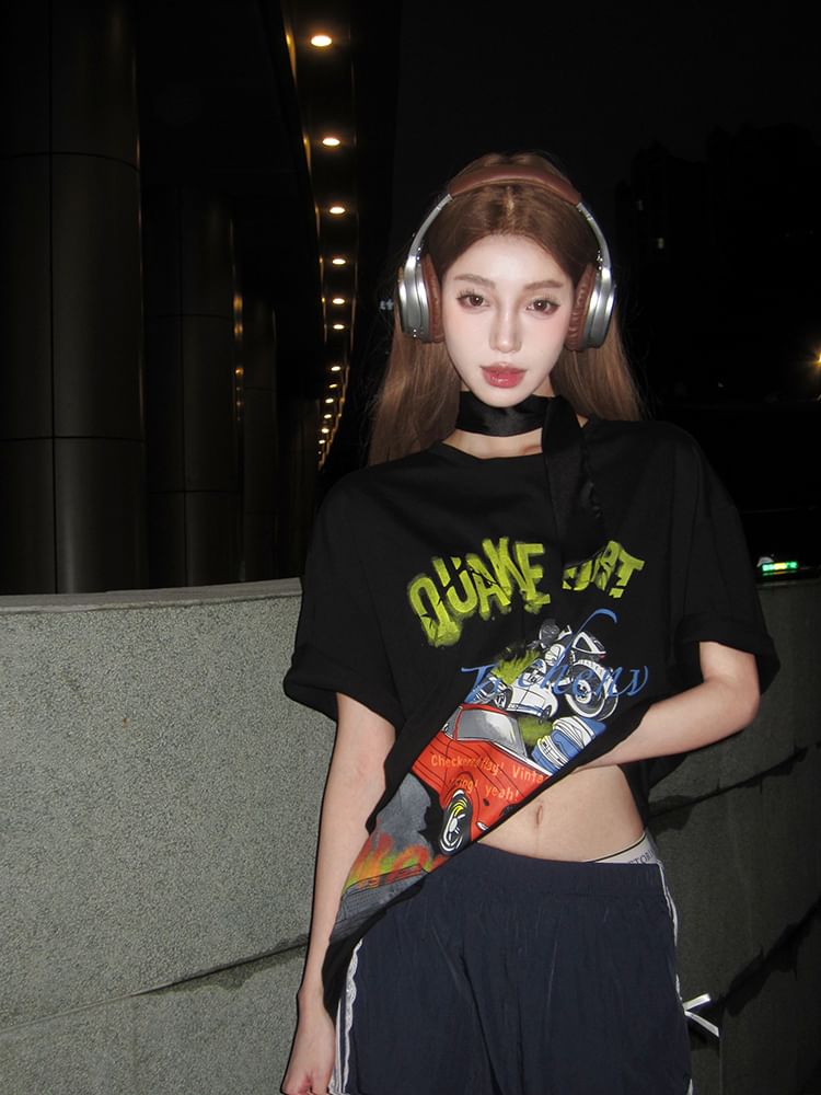 Mini Round / Neck Spaghetti Short-Sleeve Dress Bodycon Graphic Strap Print Tee