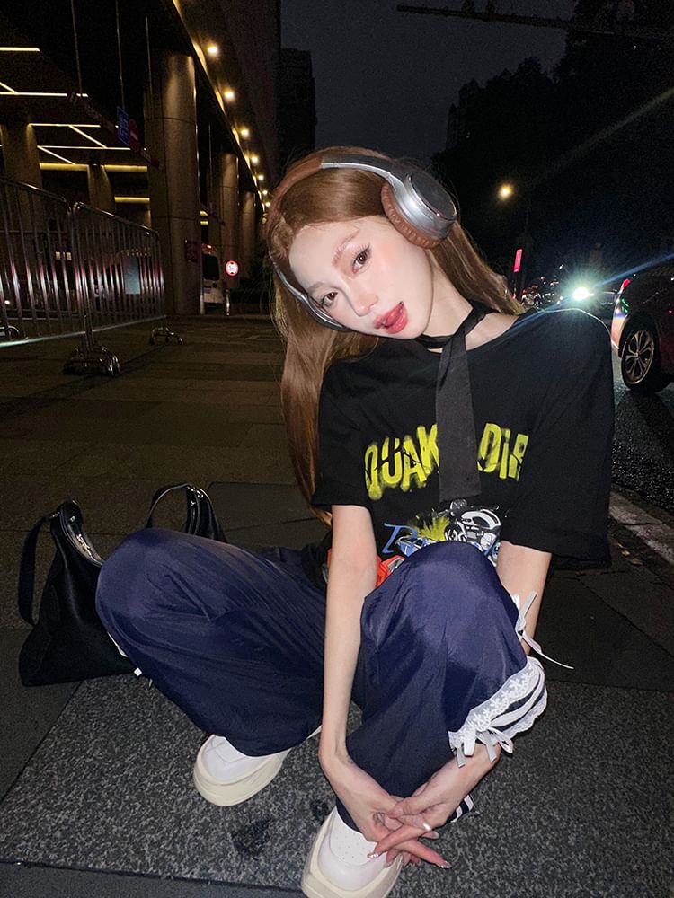 Mini Round / Neck Spaghetti Short-Sleeve Dress Bodycon Graphic Strap Print Tee