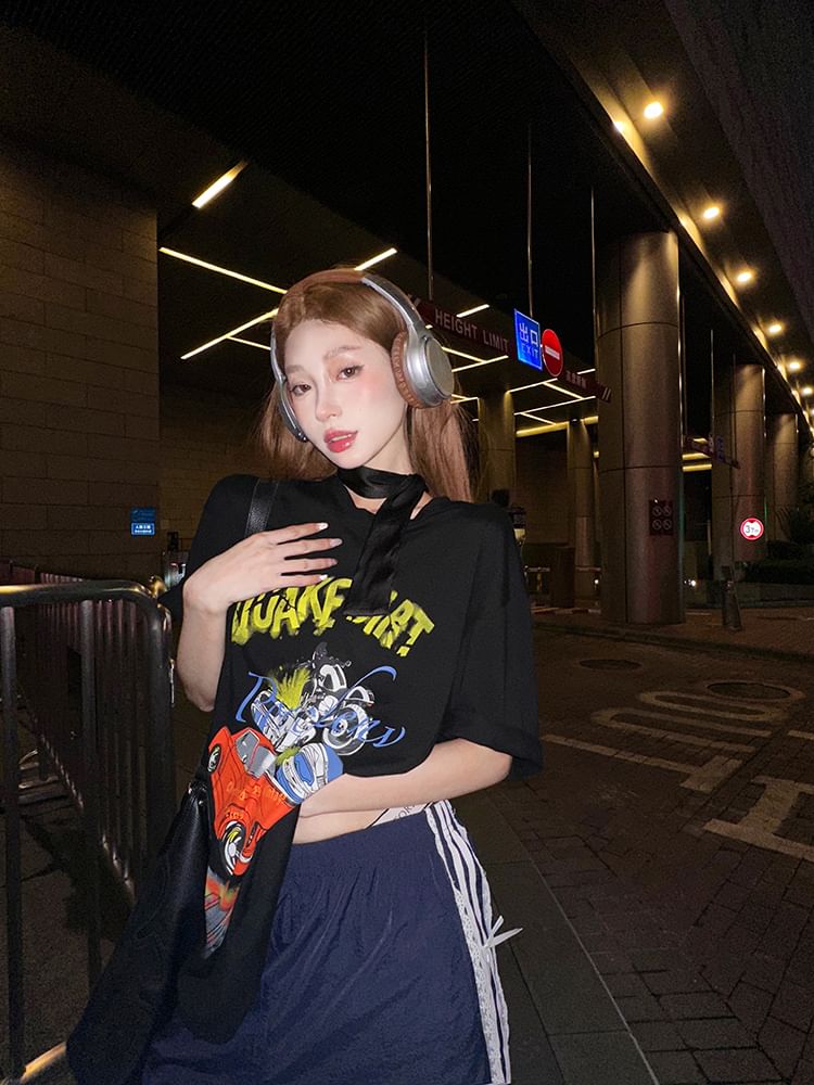 Mini Round / Neck Spaghetti Short-Sleeve Dress Bodycon Graphic Strap Print Tee