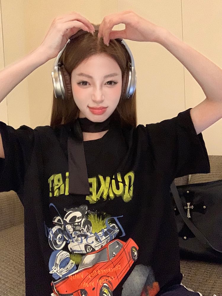 Mini Round / Neck Spaghetti Short-Sleeve Dress Bodycon Graphic Strap Print Tee