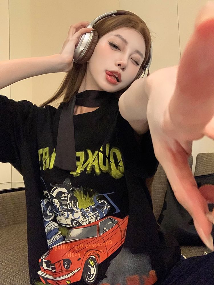 Mini Round / Neck Spaghetti Short-Sleeve Dress Bodycon Graphic Strap Print Tee