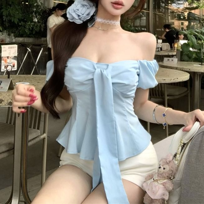 Slim Off-Shoulder Puff-Sleeve Plain Top Bow Fit