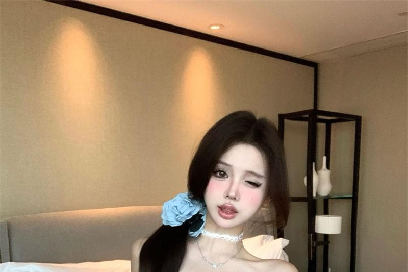 Slim Off-Shoulder Puff-Sleeve Plain Top Bow Fit