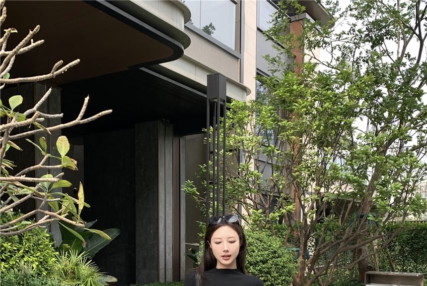 Short-Sleeve Tee Slim Crop Fit Neck Mock Maxi Skirt Mid Plain Waist / A-Line