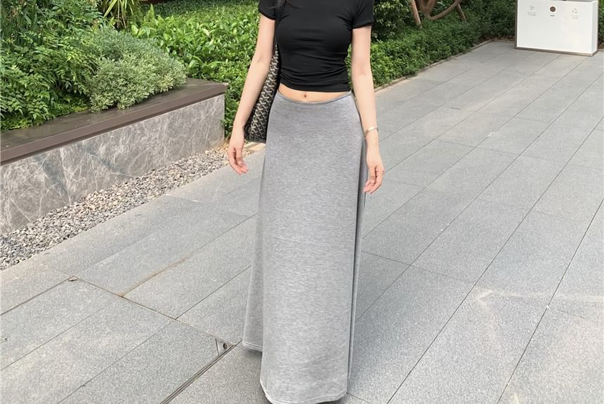 Short-Sleeve Tee Slim Crop Fit Neck Mock Maxi Skirt Mid Plain Waist / A-Line