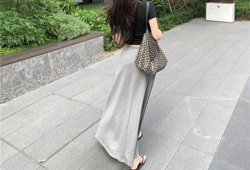 Short-Sleeve Tee Slim Crop Fit Neck Mock Maxi Skirt Mid Plain Waist / A-Line