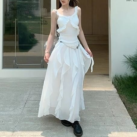 Skirt Trim / Slim Plain Elastic Tank Ruffle Top Asymmetrical A-Line Fit Midi Waist