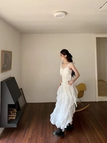 Skirt Trim / Slim Plain Elastic Tank Ruffle Top Asymmetrical A-Line Fit Midi Waist