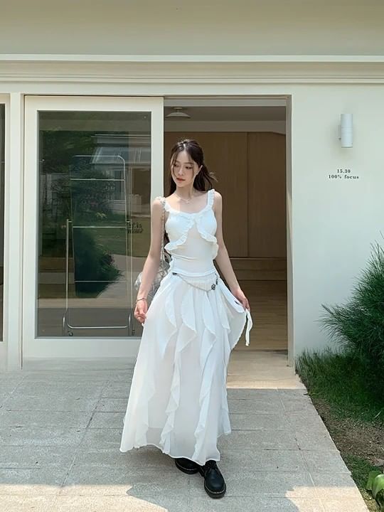 Skirt Trim / Slim Plain Elastic Tank Ruffle Top Asymmetrical A-Line Fit Midi Waist