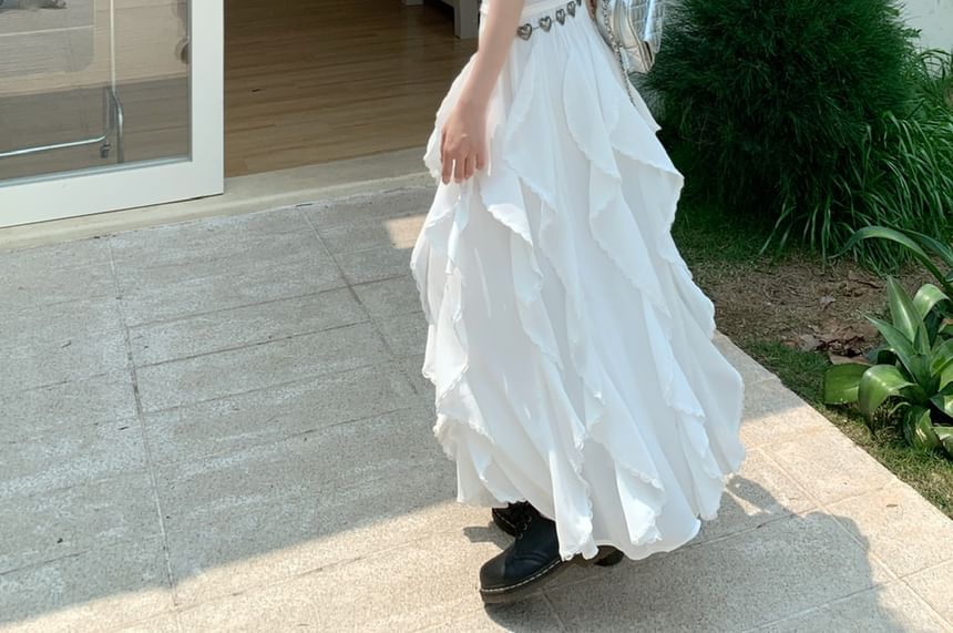 Skirt Trim / Slim Plain Elastic Tank Ruffle Top Asymmetrical A-Line Fit Midi Waist