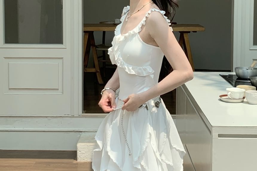 Skirt Trim / Slim Plain Elastic Tank Ruffle Top Asymmetrical A-Line Fit Midi Waist