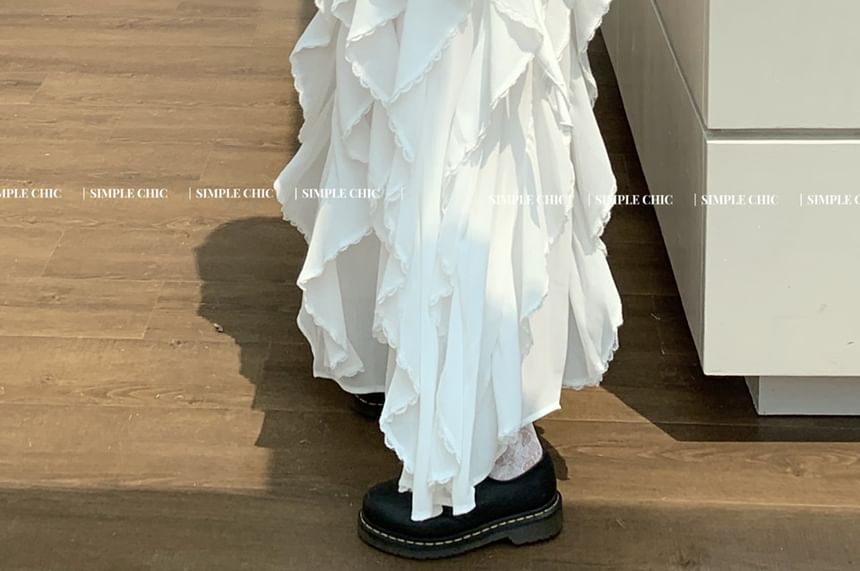 Skirt Trim / Slim Plain Elastic Tank Ruffle Top Asymmetrical A-Line Fit Midi Waist