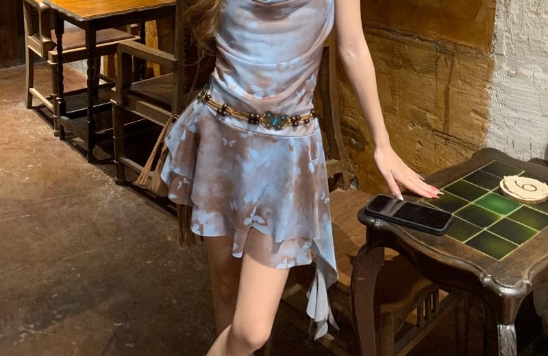 Mini Cowl Spaghetti Strap Neck Print Butterfly A-Line Asymmetrical Dress