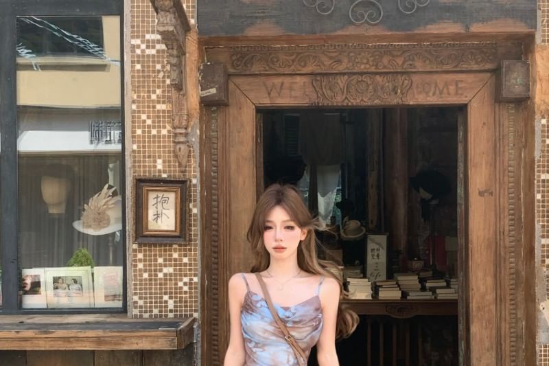 Mini Cowl Spaghetti Strap Neck Print Butterfly A-Line Asymmetrical Dress