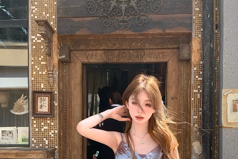 Mini Cowl Spaghetti Strap Neck Print Butterfly A-Line Asymmetrical Dress