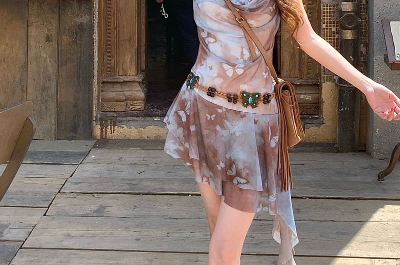 Mini Cowl Spaghetti Strap Neck Print Butterfly A-Line Asymmetrical Dress