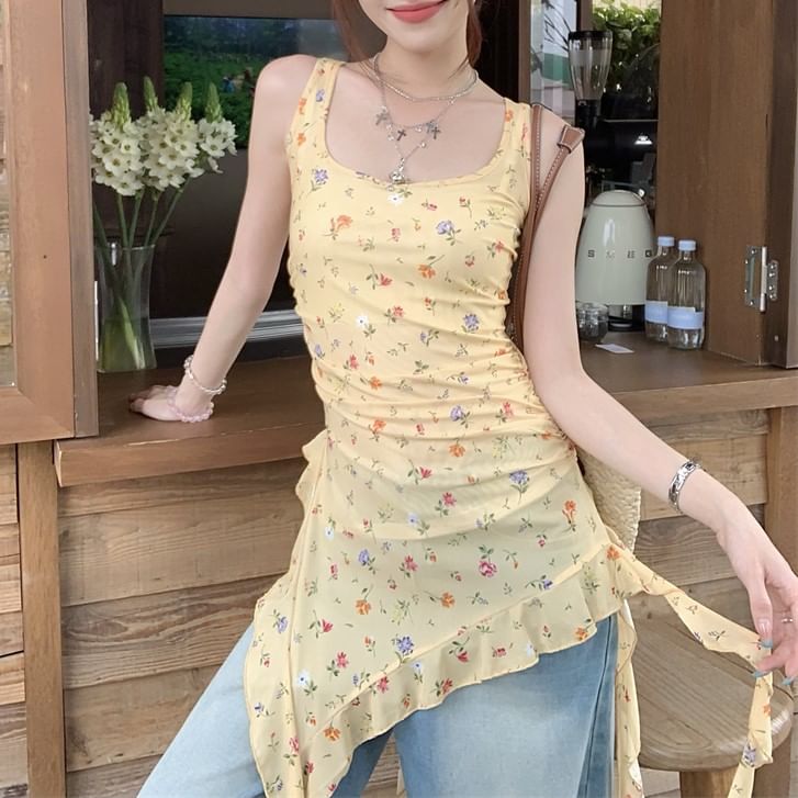 Tank Asymmetrical Trim Fit Neck Ruffle Slim Floral Top Square