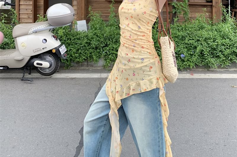 Tank Asymmetrical Trim Fit Neck Ruffle Slim Floral Top Square