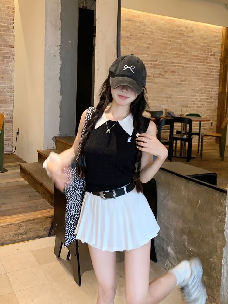 A-Line Pleated Top High Waist Mini Skirt / Collar Plain Knit Tank Contrast