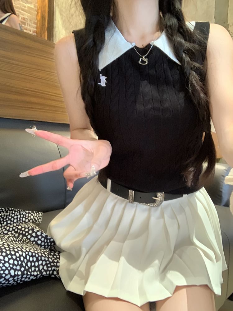 A-Line Pleated Top High Waist Mini Skirt / Collar Plain Knit Tank Contrast