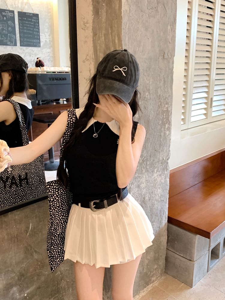 A-Line Pleated Top High Waist Mini Skirt / Collar Plain Knit Tank Contrast