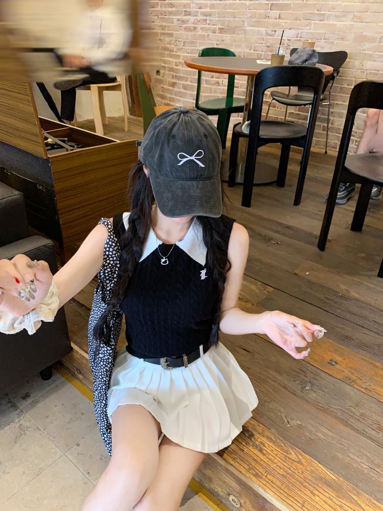 A-Line Pleated Top High Waist Mini Skirt / Collar Plain Knit Tank Contrast