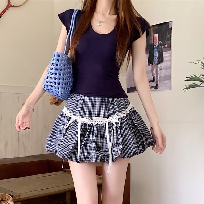 Bubble Waist / Neck Plain Plaid Scoop Bow Mini Trim Fit Skirt Slim Lace Tee Elastic A-Line Hem Short-Sleeve