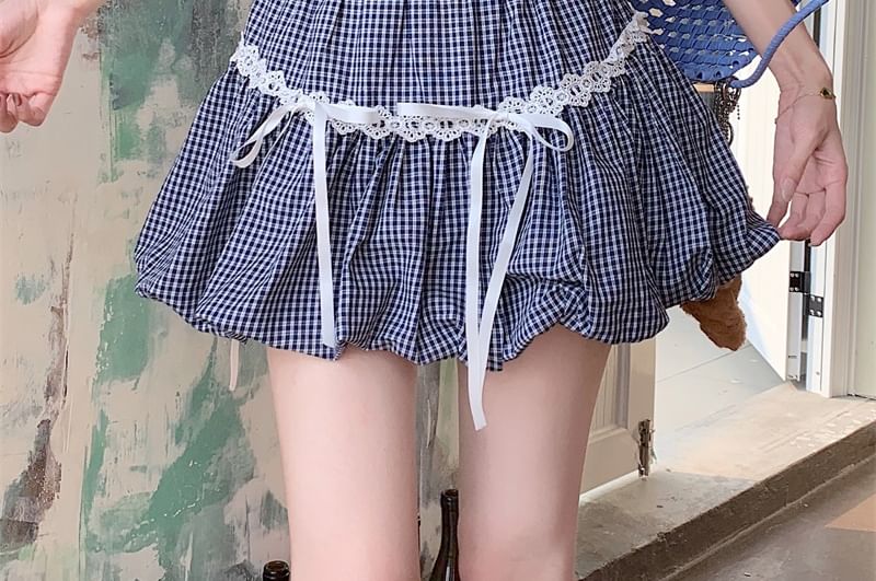 Bubble Waist / Neck Plain Plaid Scoop Bow Mini Trim Fit Skirt Slim Lace Tee Elastic A-Line Hem Short-Sleeve