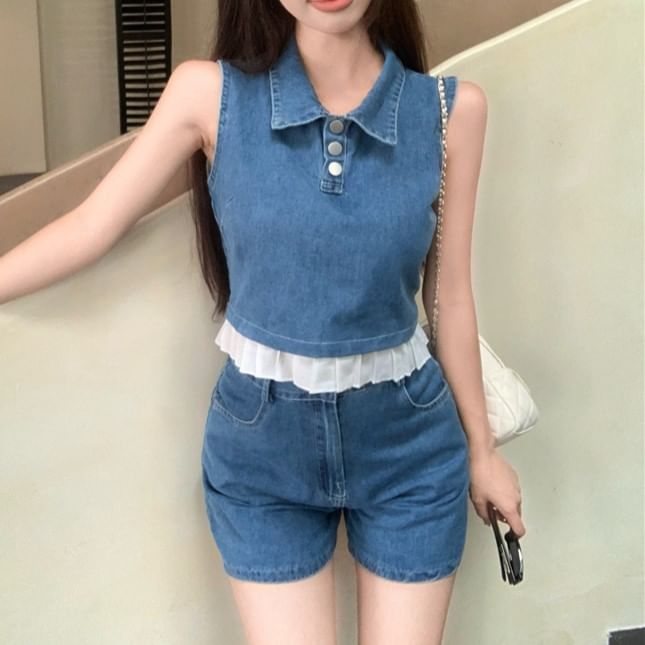 / Trim Henley Collar Shorts Tank Waist Top High Crop Denim Frill