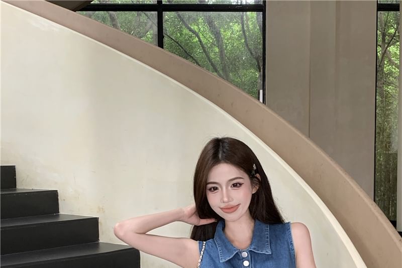 / Trim Henley Collar Shorts Tank Waist Top High Crop Denim Frill