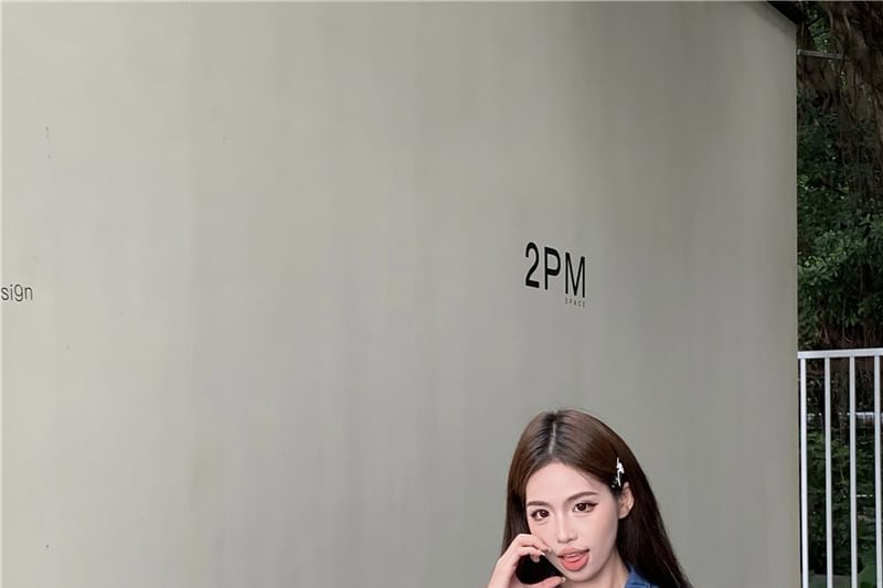 / Trim Henley Collar Shorts Tank Waist Top High Crop Denim Frill