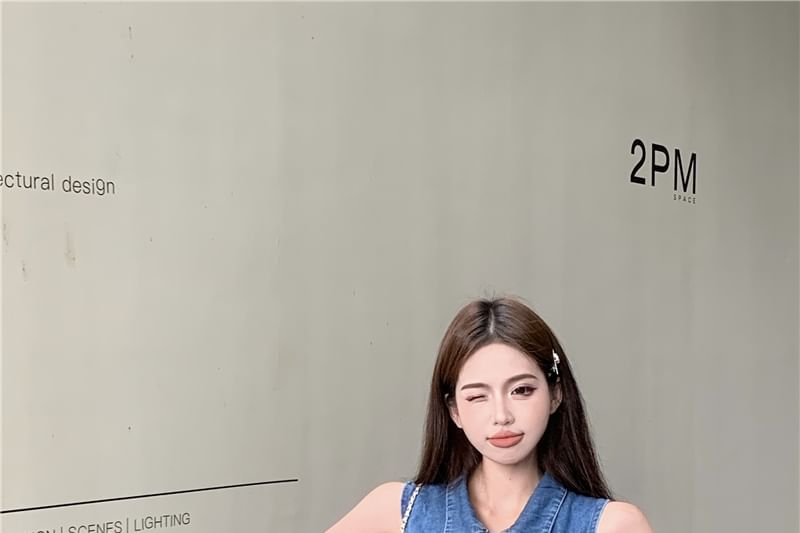 / Trim Henley Collar Shorts Tank Waist Top High Crop Denim Frill