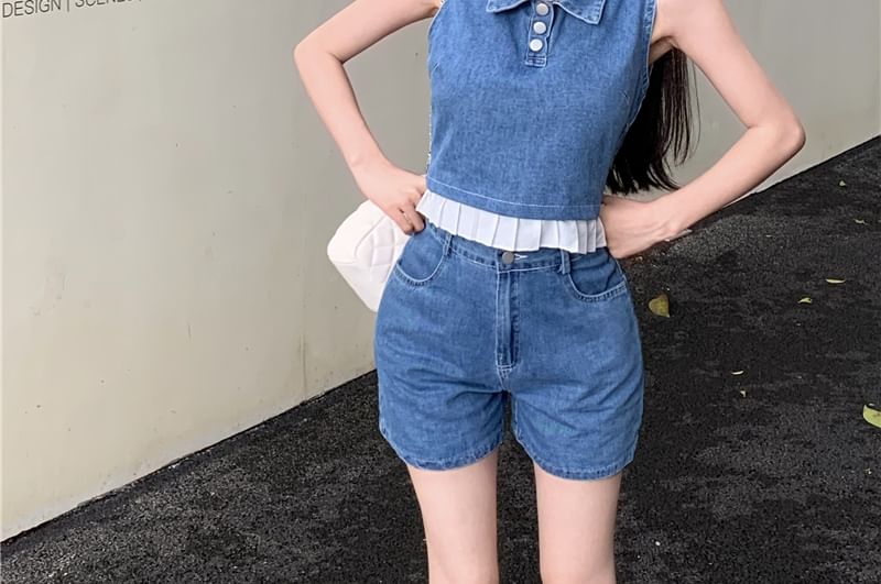 / Trim Henley Collar Shorts Tank Waist Top High Crop Denim Frill