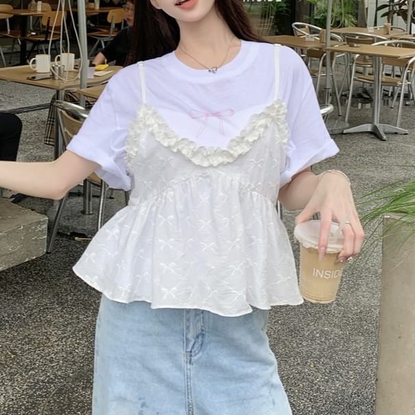 Flowy Crew Tee Bow Print Ruffle Top Short-Sleeve Camisole Trim / Neck