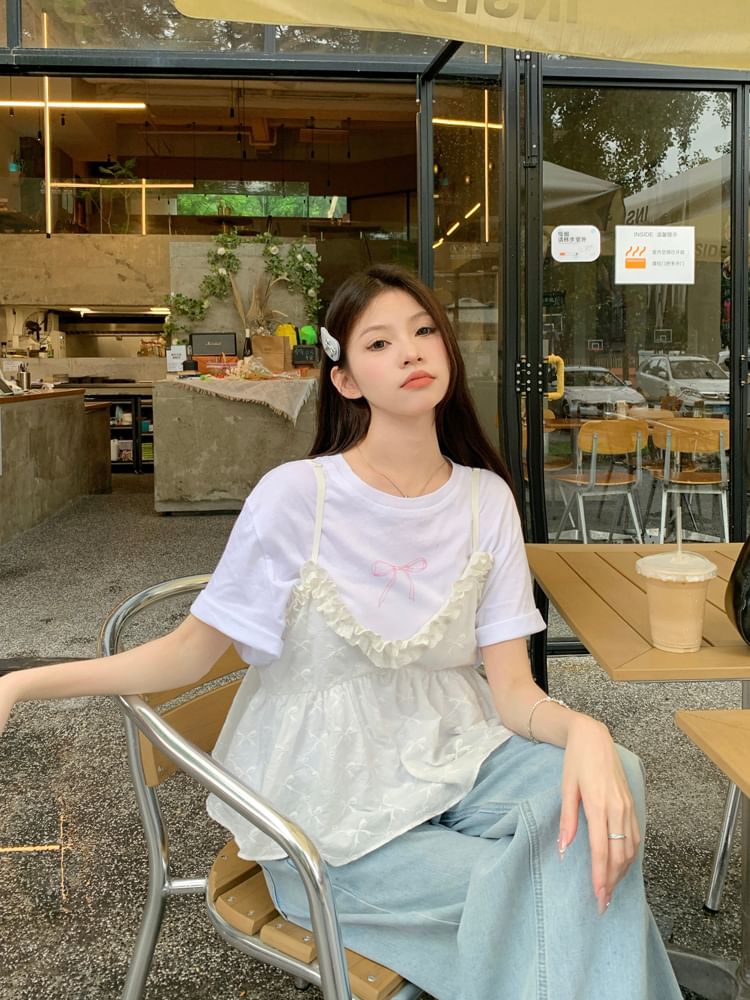 Flowy Crew Tee Bow Print Ruffle Top Short-Sleeve Camisole Trim / Neck