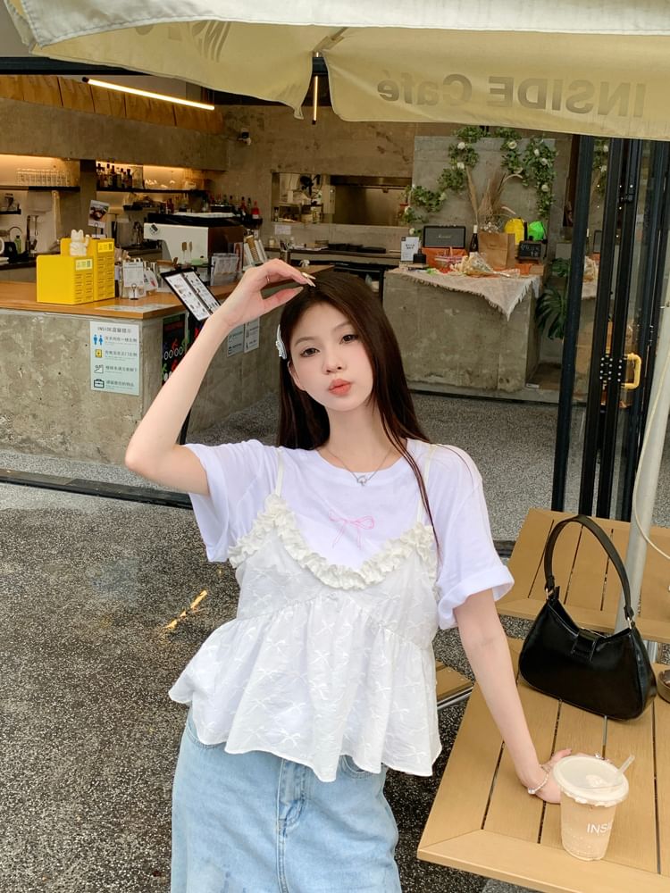 Flowy Crew Tee Bow Print Ruffle Top Short-Sleeve Camisole Trim / Neck