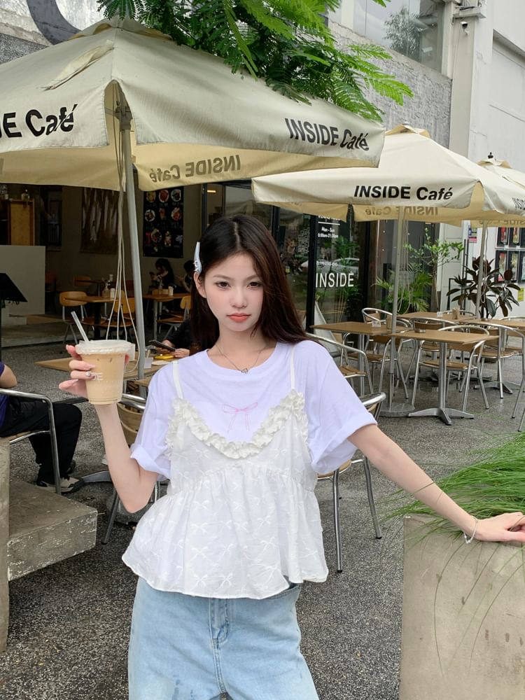 Flowy Crew Tee Bow Print Ruffle Top Short-Sleeve Camisole Trim / Neck