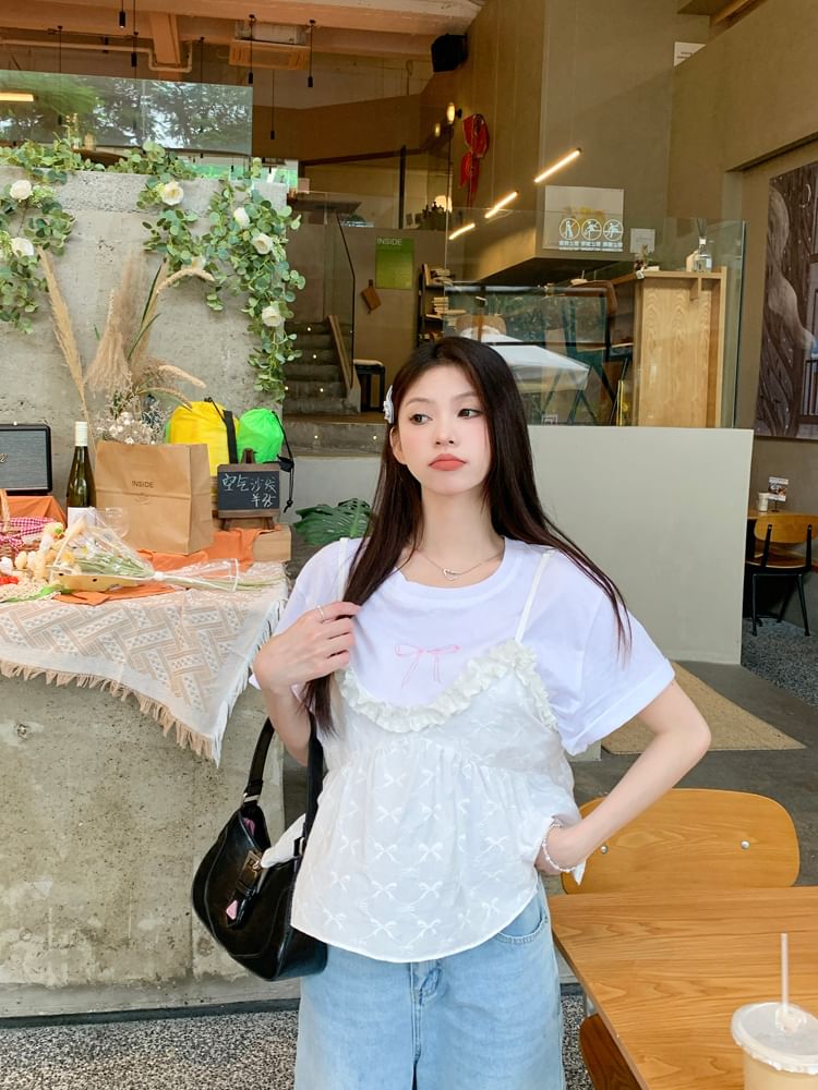 Flowy Crew Tee Bow Print Ruffle Top Short-Sleeve Camisole Trim / Neck