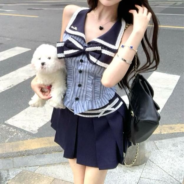 Sleeveless Rise / Blouse Striped High Mini A-Line Bow Collar Skirt Pleated