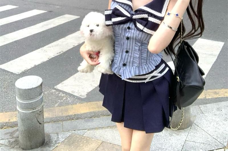 Sleeveless Rise / Blouse Striped High Mini A-Line Bow Collar Skirt Pleated