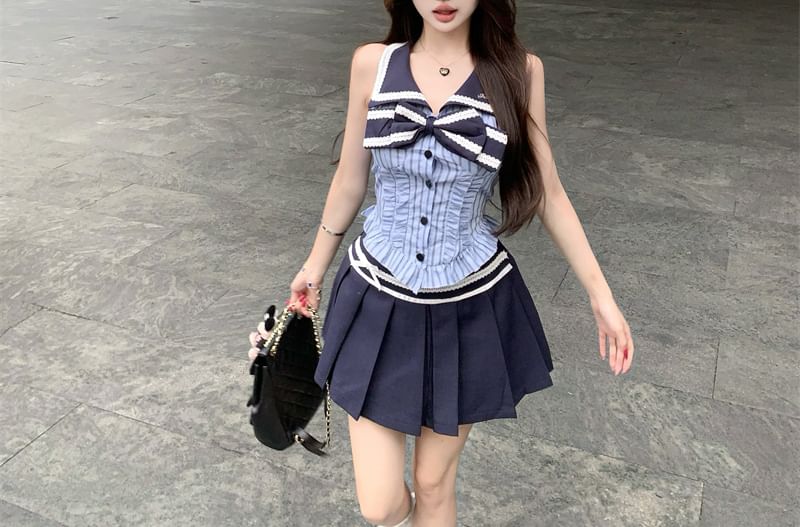Sleeveless Rise / Blouse Striped High Mini A-Line Bow Collar Skirt Pleated