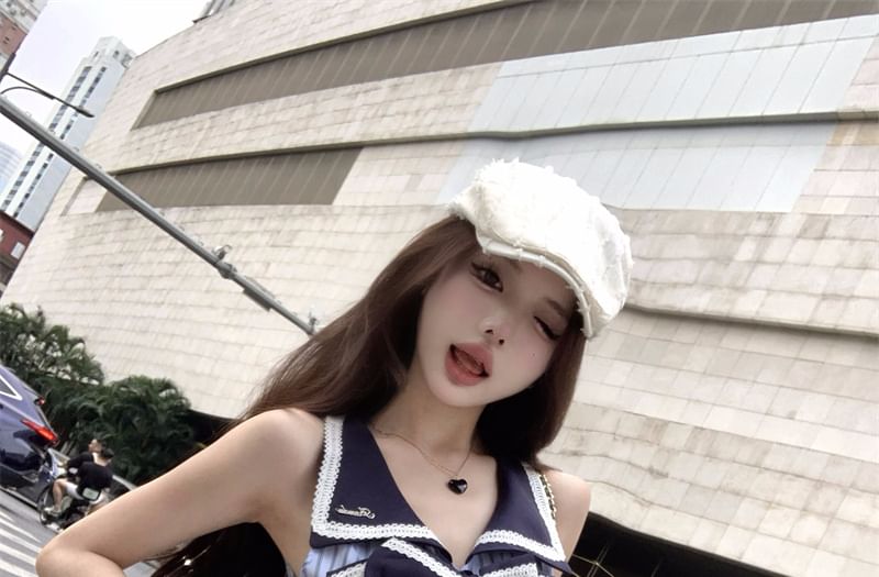 Sleeveless Rise / Blouse Striped High Mini A-Line Bow Collar Skirt Pleated