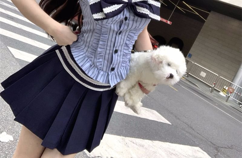 Sleeveless Rise / Blouse Striped High Mini A-Line Bow Collar Skirt Pleated