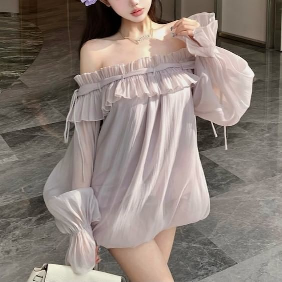 Plain Long-Sleeve Off-Shoulder Ruffle Tunic Blouse Trim